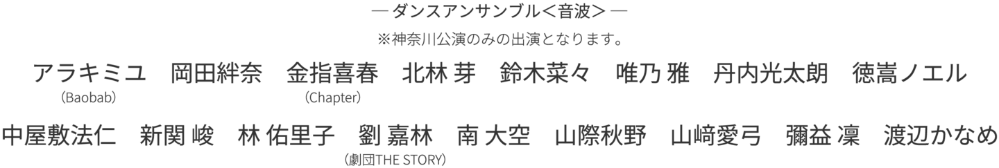 ダンスアンサンブル＜音波＞※神奈川公演のみの出演となります。　アラキミユ（Baobab）　岡田絆奈　金指喜春（Chapter）　北林芽　鈴木菜々　唯乃雅　丹内光太朗　徳嵩ノエル　中屋敷法仁　新関峻　林佑里子　劉嘉林（劇団THE STORY）　南大空　山際秋野　山﨑愛弓　彌益凜　渡辺かなめ